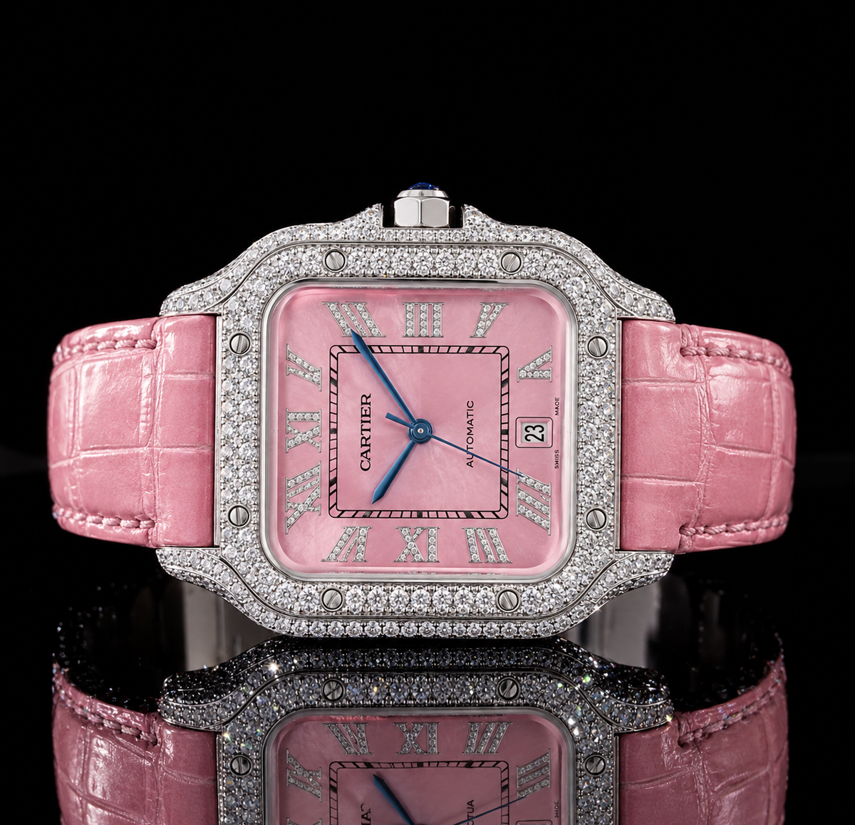 VVS Moissanite Pink Watch with Pink Leather Strap - Women's Collection
