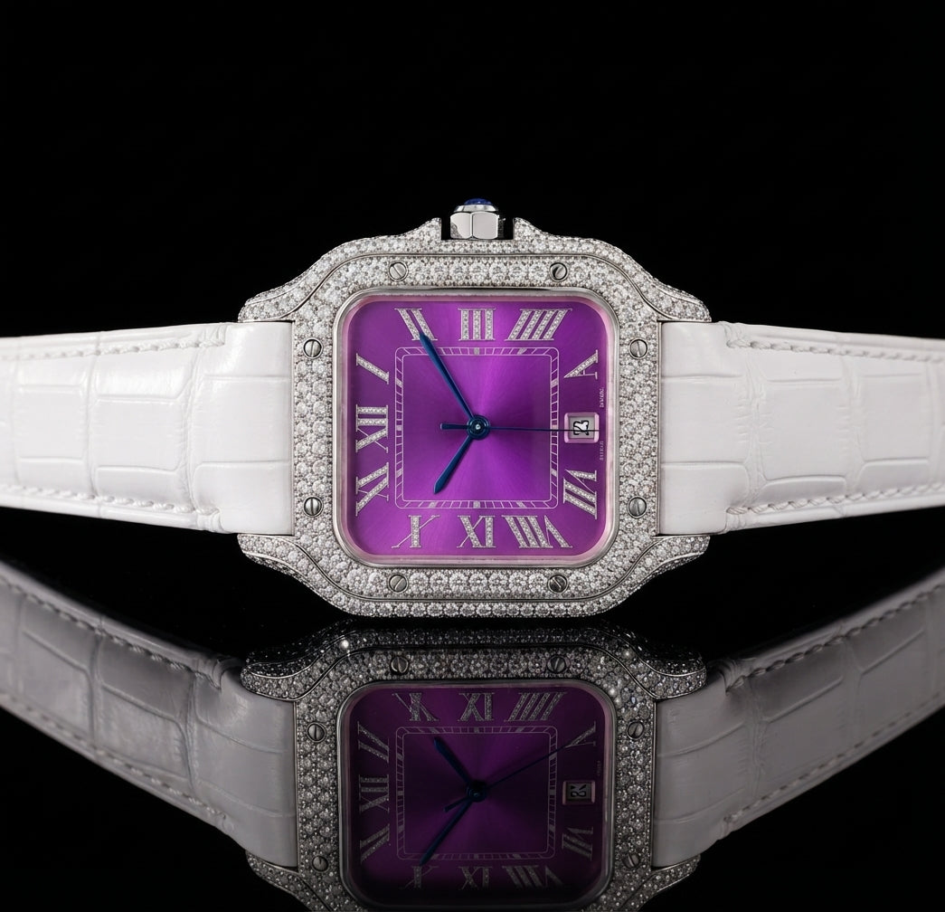 VVS Moissanite Purple Watch with White Leather Strap - Women's Collection