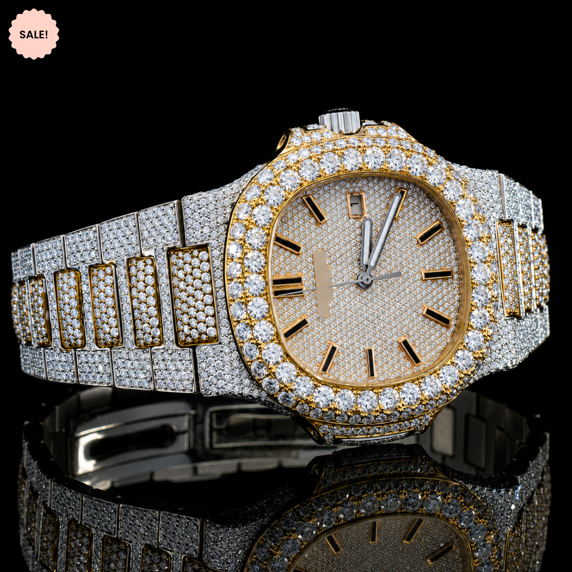Two-Tone VVS Moissanite Watch with Black Stick Markers - Yelow Gold