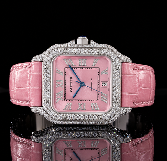 VVS Moissanite Pink Watch with Pink Leather Strap - Women's Collection