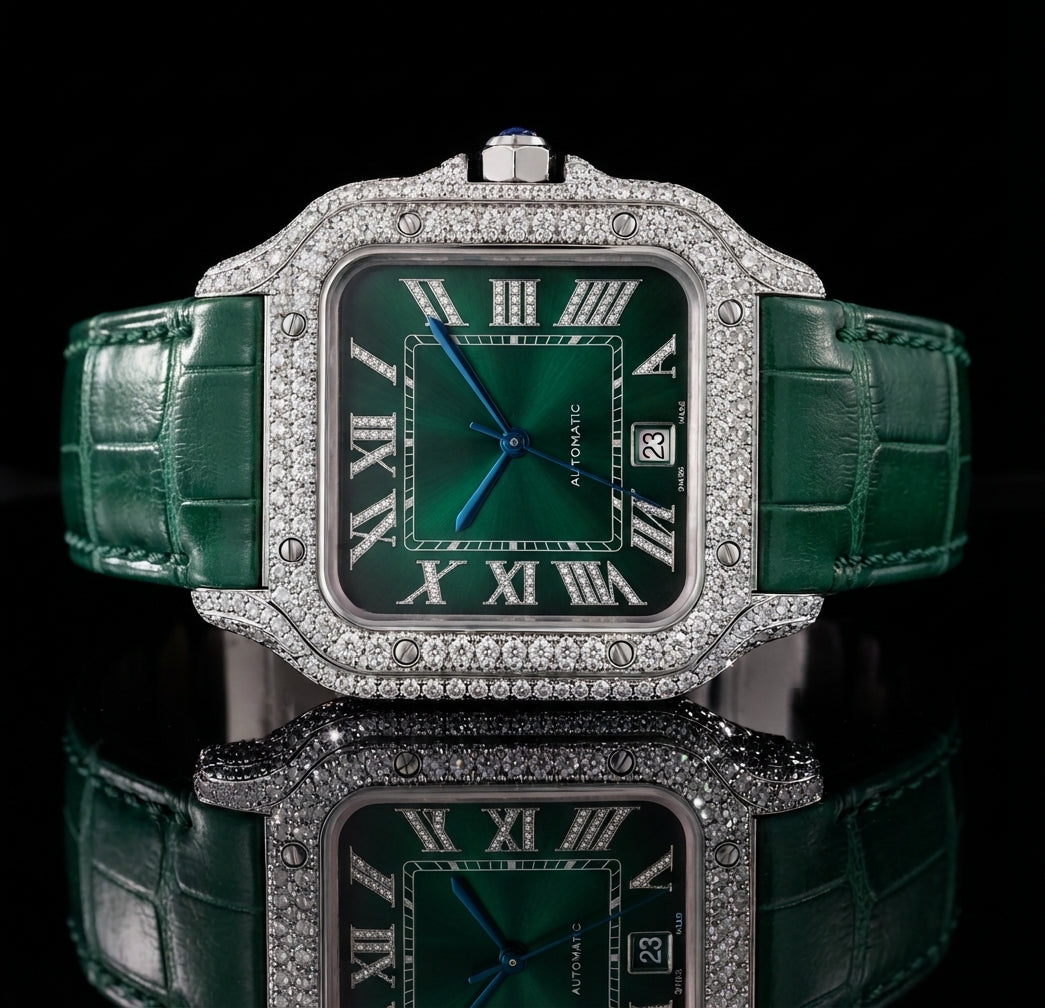 VVS Moissanite Emerald Green Watch with White Green Strap - Women's Collection
