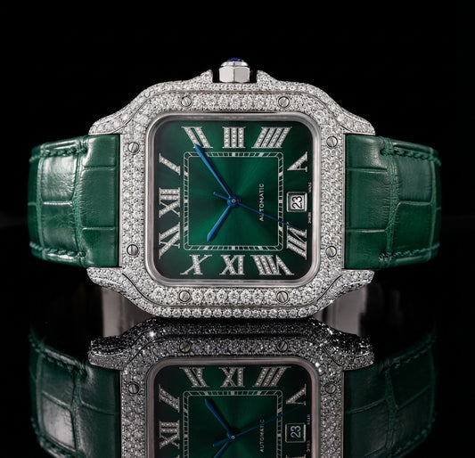 VVS Moissanite Emerald Green Watch with White Green Strap - Women's Collection
