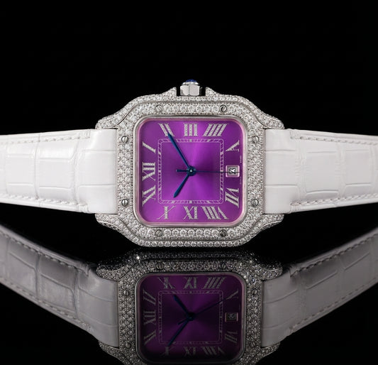 VVS Moissanite Purple Watch with White Leather Strap - Women's Collection