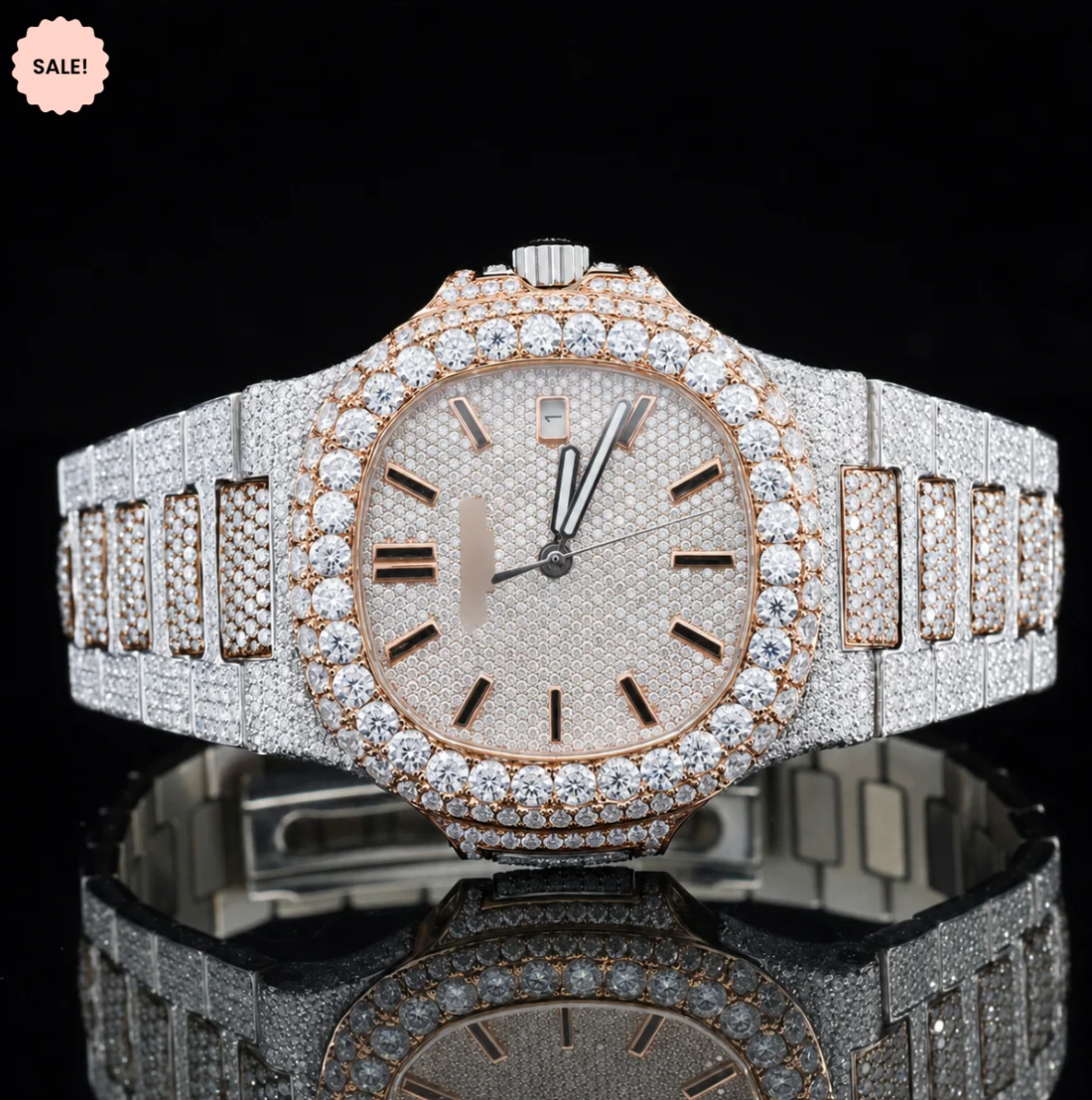 Two-Tone VVS Moissanite Watch with Black Stick Markers - Rose Gold