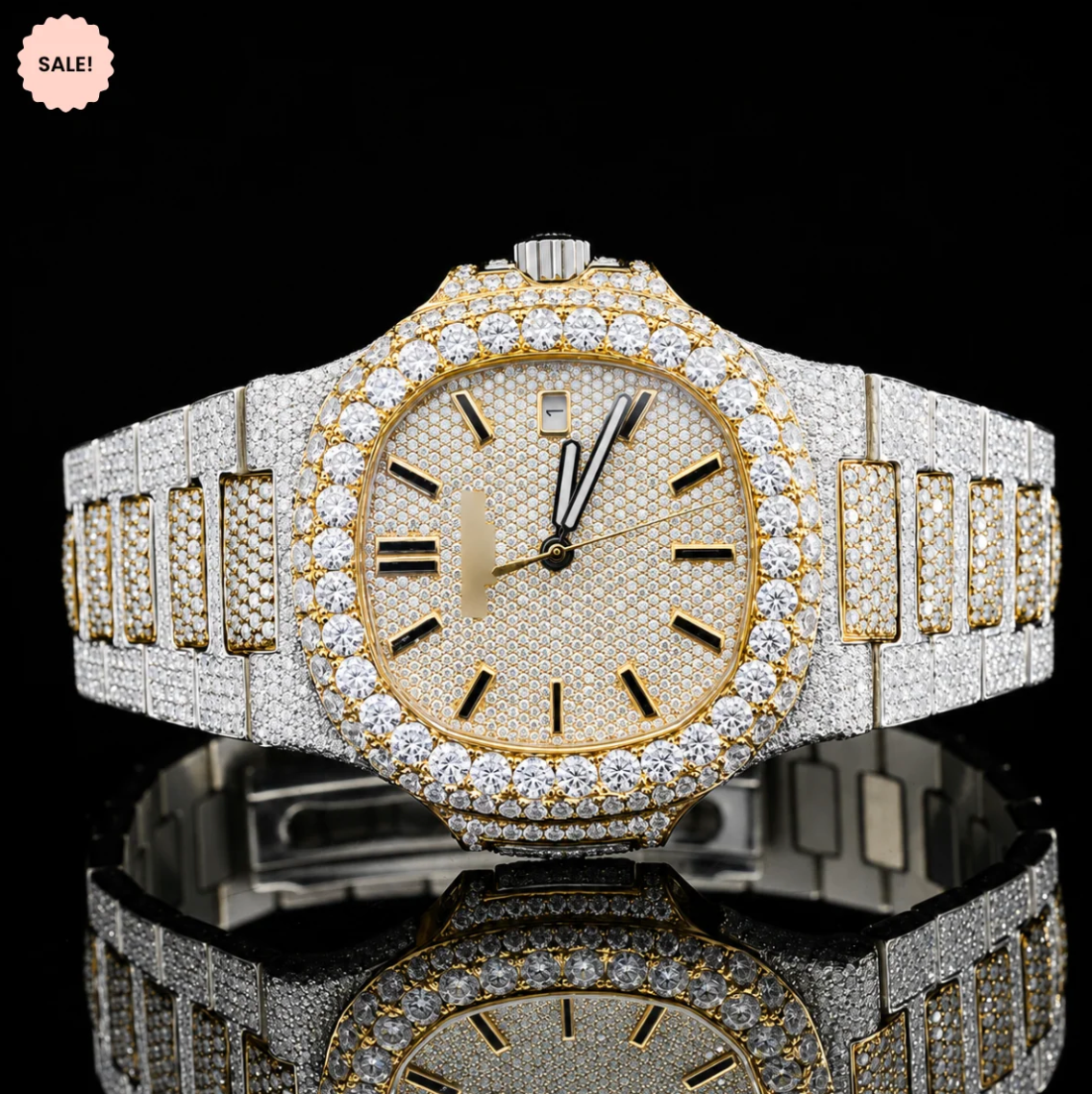 Two-Tone VVS Moissanite Watch with Black Stick Markers - Yelow Gold